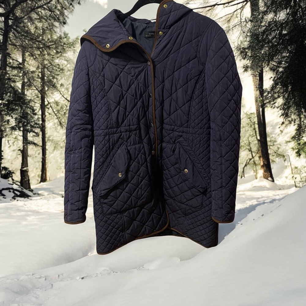 Zara Womens Coat Quilted Size M Navy Blue w/Brown Trim Hooded Snap Closure